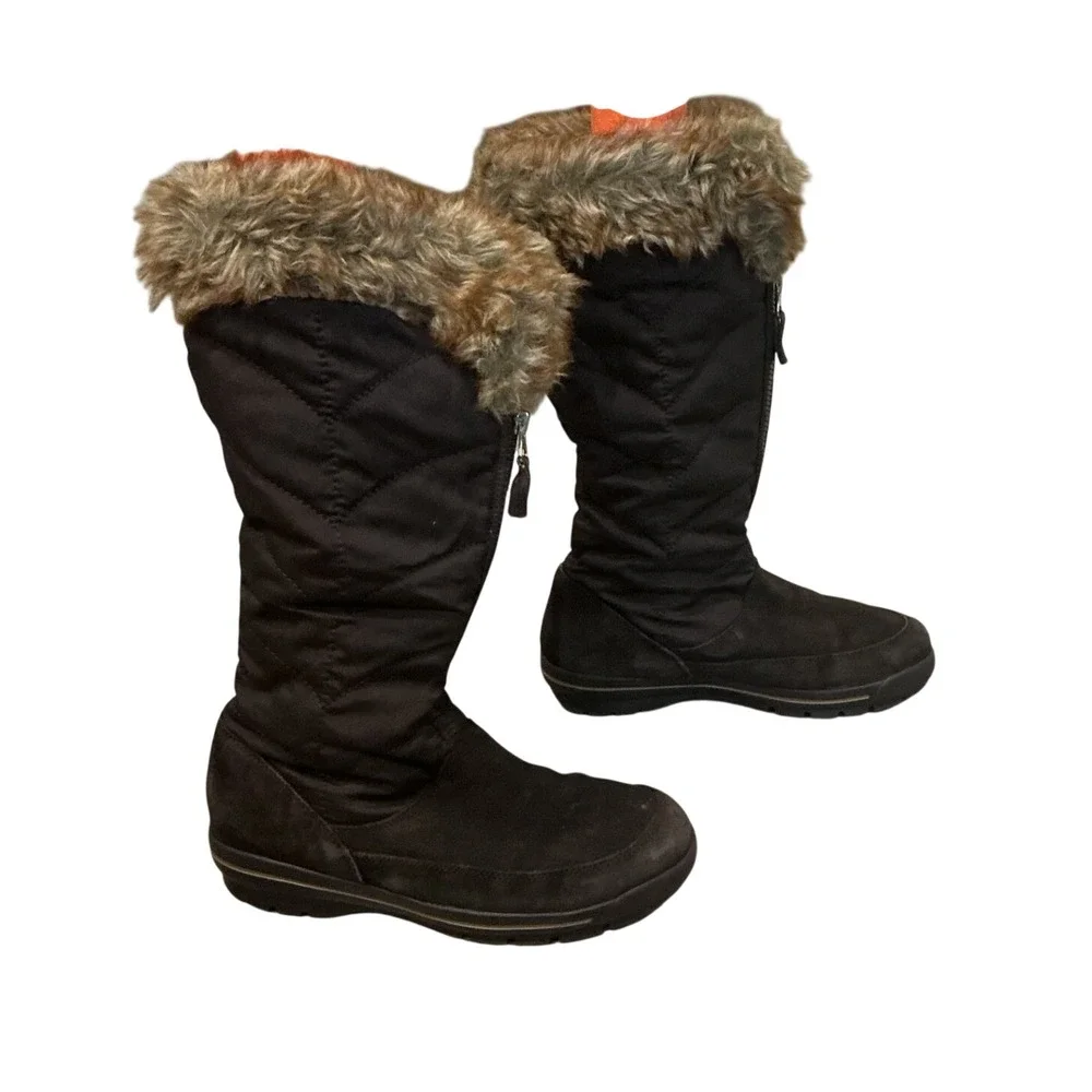 Lands End Womens Quilted Suede Winter Boots Faux Fur Trim Brown US 8 EU 38.5